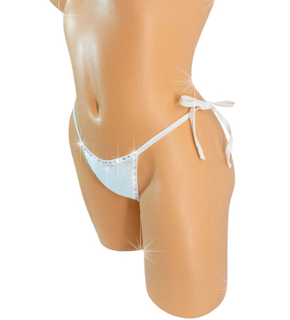 Photo of a white rhinestone outlined tie side thong on a curvy mannequin on a white background.