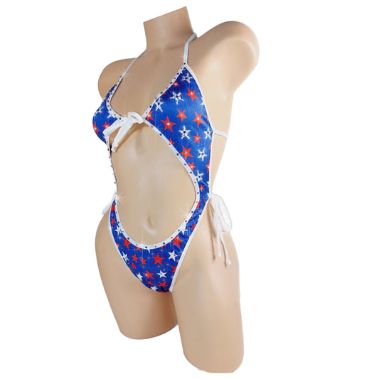 Bikini set with rhinestone star pattern on a mannequin against a white background