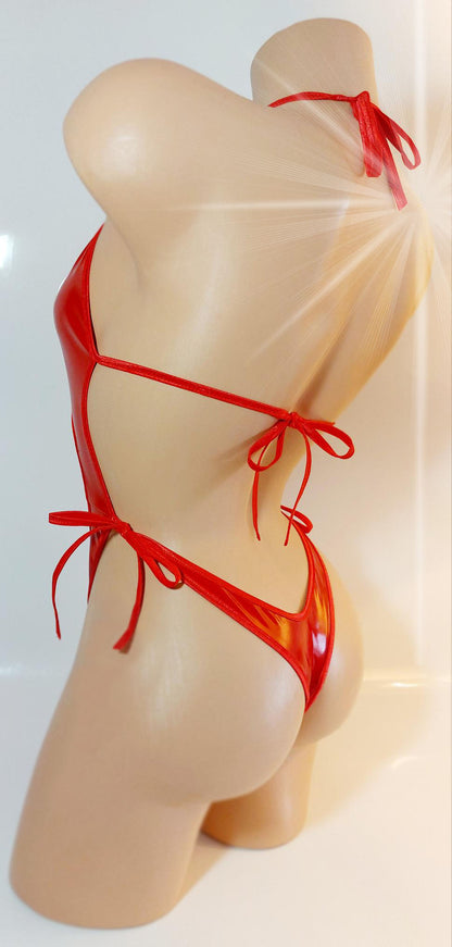 WET LOOK Red PVC Vinyl One Piece * Adjustable ties