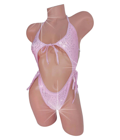 Innocent Baby Pink tie side Sexy dancer One Piece with Rhinestones