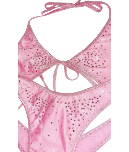 Innocent Baby Pink tie side Sexy dancer One Piece with Rhinestones