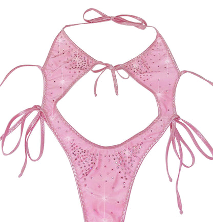 Innocent Baby Pink tie side Sexy dancer One Piece with Rhinestones