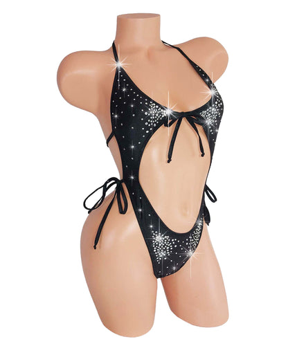 Glittering Black Elegance bedazzled rhinestone Monokini One Piece bodysuit