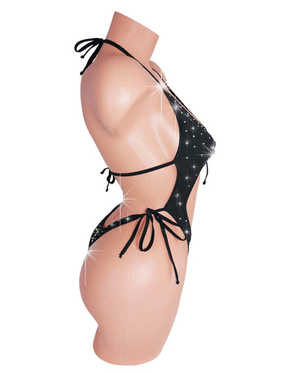 Glittering Black Elegance bedazzled rhinestone Monokini One Piece bodysuit
