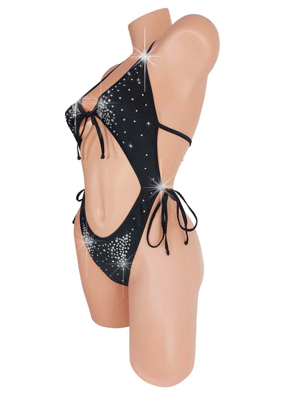 Glittering Black Elegance bedazzled rhinestone Monokini One Piece bodysuit