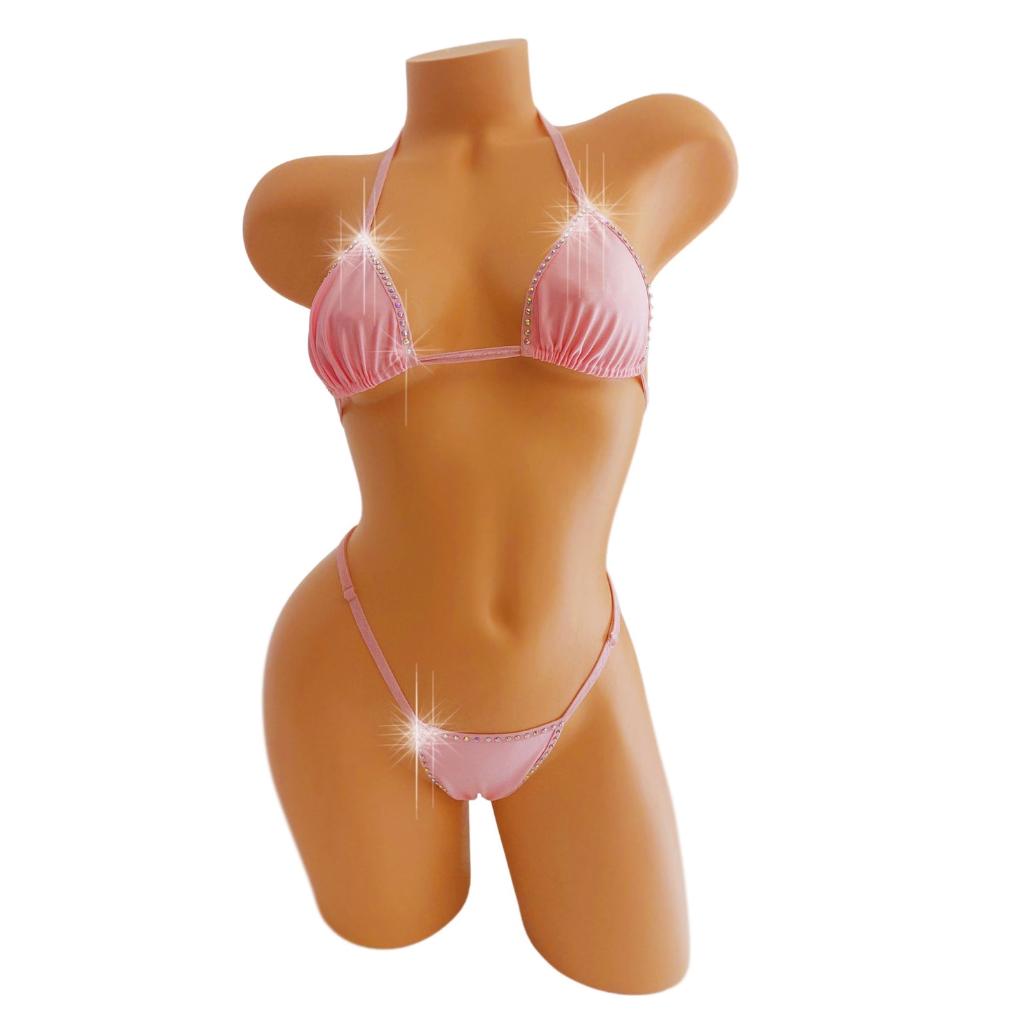Baby Pink with rhinestones bikini on a curvy mannequin.
