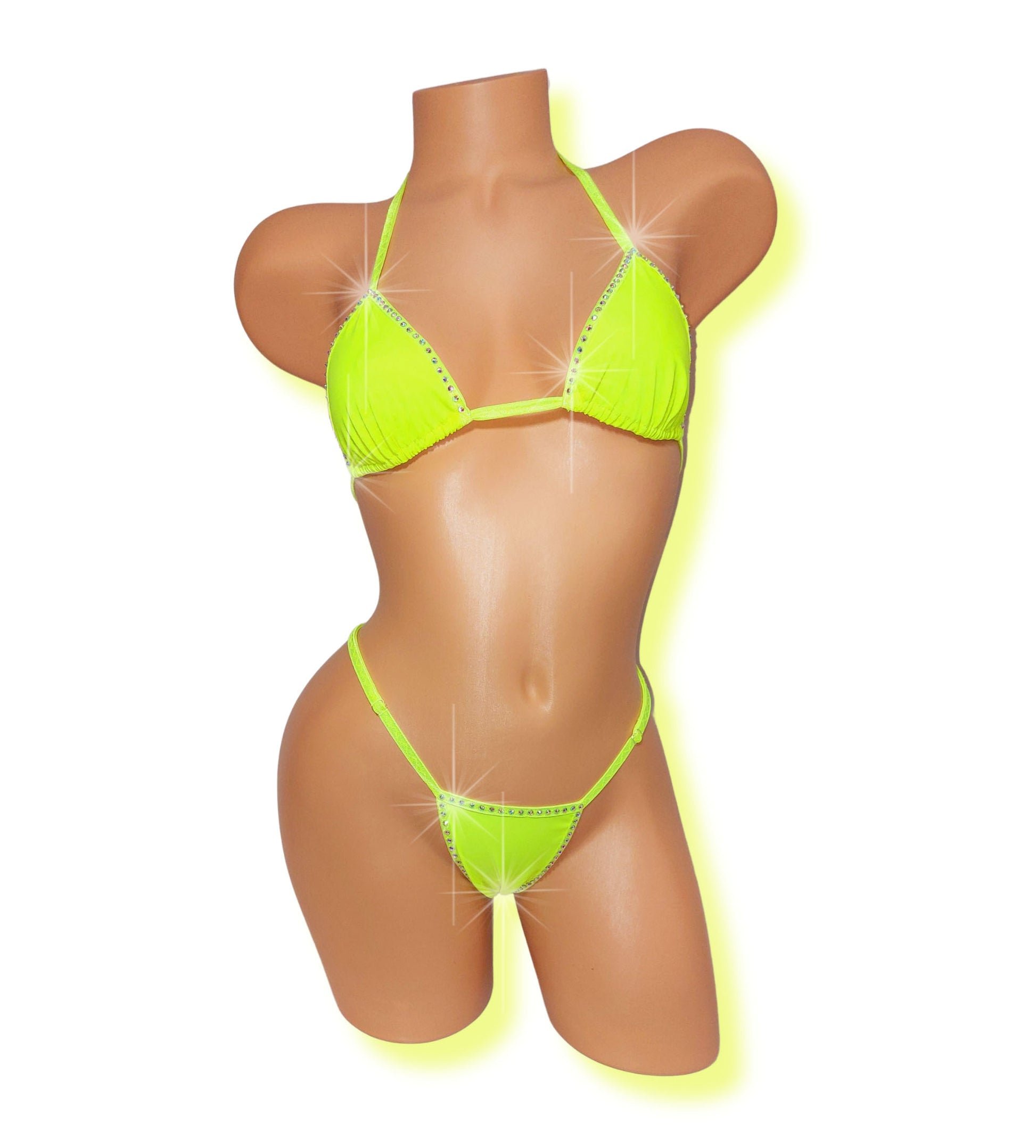 Neon Yellow Black Light GLOW Rhinestone rave bikini * XS to XL, AA cup MyThongStore Neon Yellow Black Light GLOW Rhinestone rave bikini * XS to XL, AA cup MyThongStore