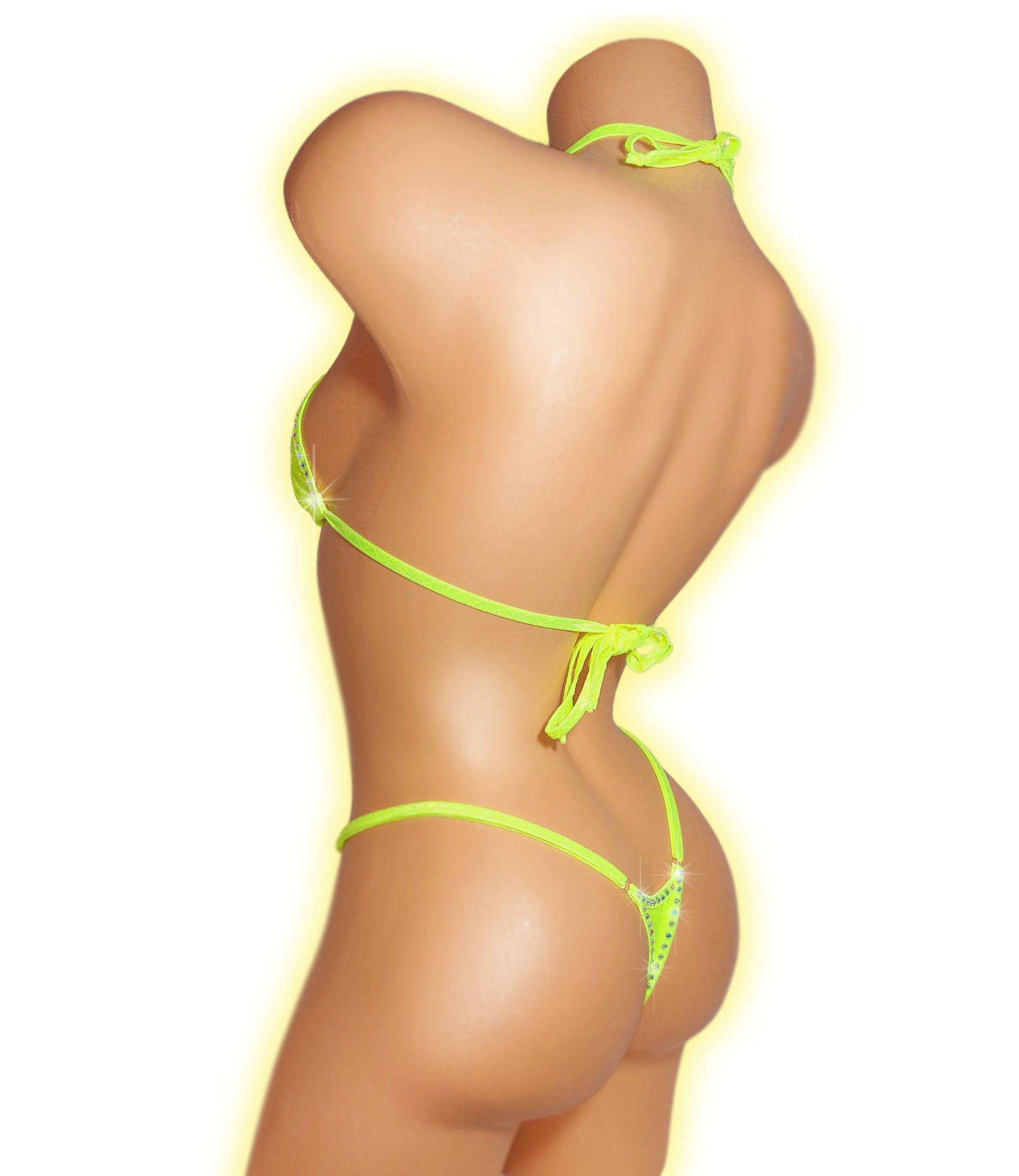 Sexy bright neon yellow bikini on a curvy mannequin, rear view.