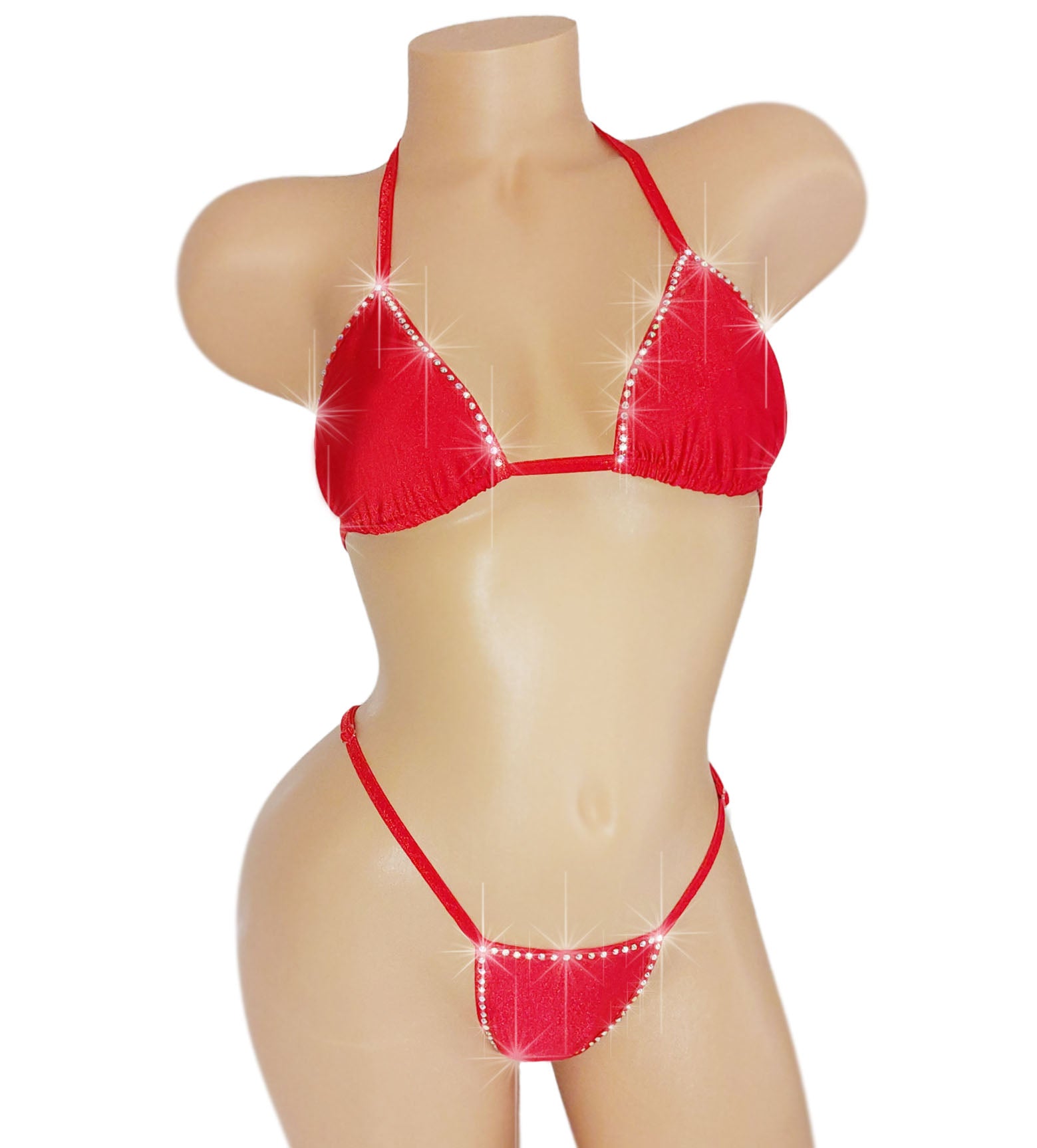 Red rhinestone bikini on a curvy mannequin.