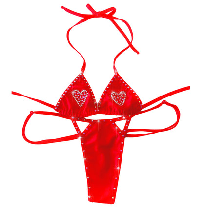 Red Hot Heart - Rhinestone thong Bikini
