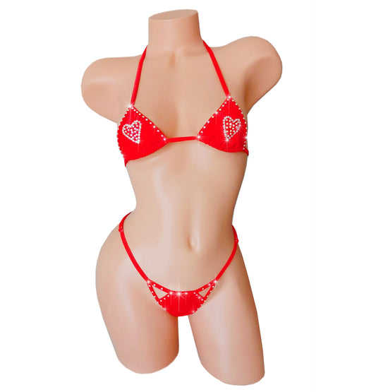 Red Hot rhinestone Full Heart adjustable strap thong Bikini * New! * Stripper outfits, exotic dancewear and Pole Dance fits