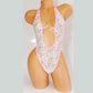 White Lace & Diamond Rings - pink trimmed one piece with adjustable thong. Designs for exotic dancewear, rave, stripper outfits, pole dance lingerie