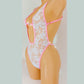 White Lace & Diamond Rings - pink trimmed one piece with adjustable thong. Designs for exotic dancewear, rave, stripper outfits, pole dance lingerie