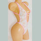 White Lace & Diamond Rings - pink trimmed one piece with adjustable thong. Designs for exotic dancewear, rave, stripper outfits, pole dance lingerie