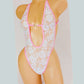 White Lace & Diamond Rings - pink trimmed one piece with adjustable thong. Designs for exotic dancewear, rave, stripper outfits, pole dance lingerie