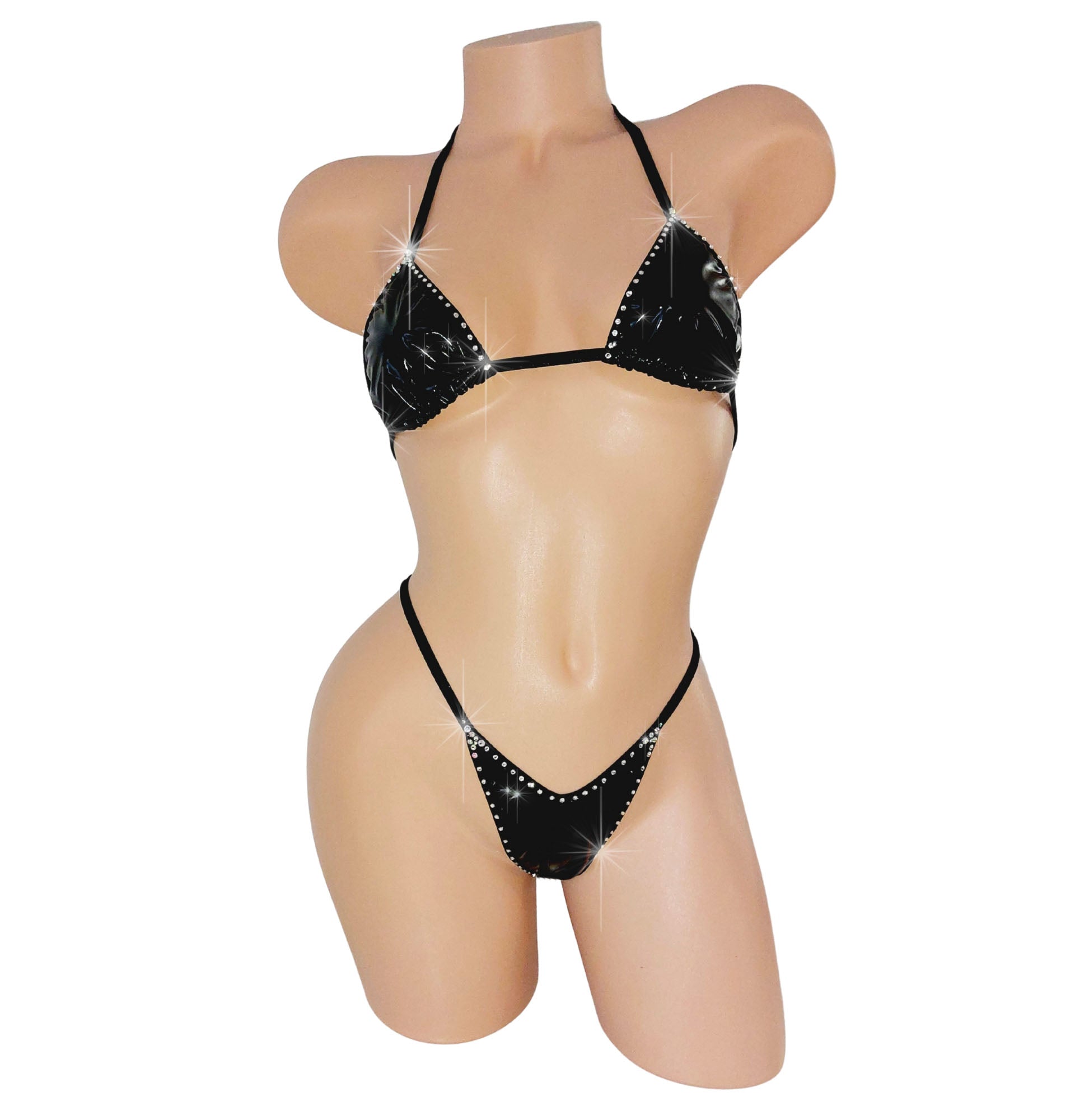 Black  wet look vinyl bikini set on a mannequin against a white background
