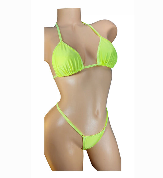 Neon Yellow Thong Bikini – Adjustable Rave Dancewear, Glows Under Black Light
