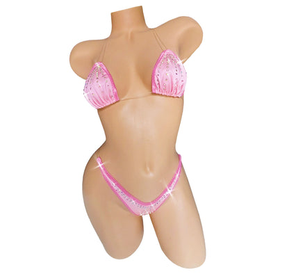 Baby Pink Clear Elastic rhinestone thong bikini set