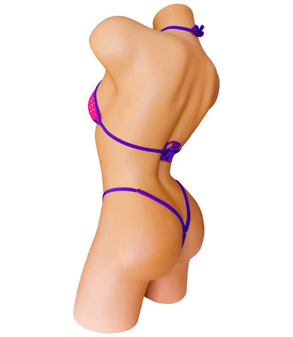 Hot Pink Fishnet Bikini – Adjustable Thong, Purple Trim, Rave Outfit