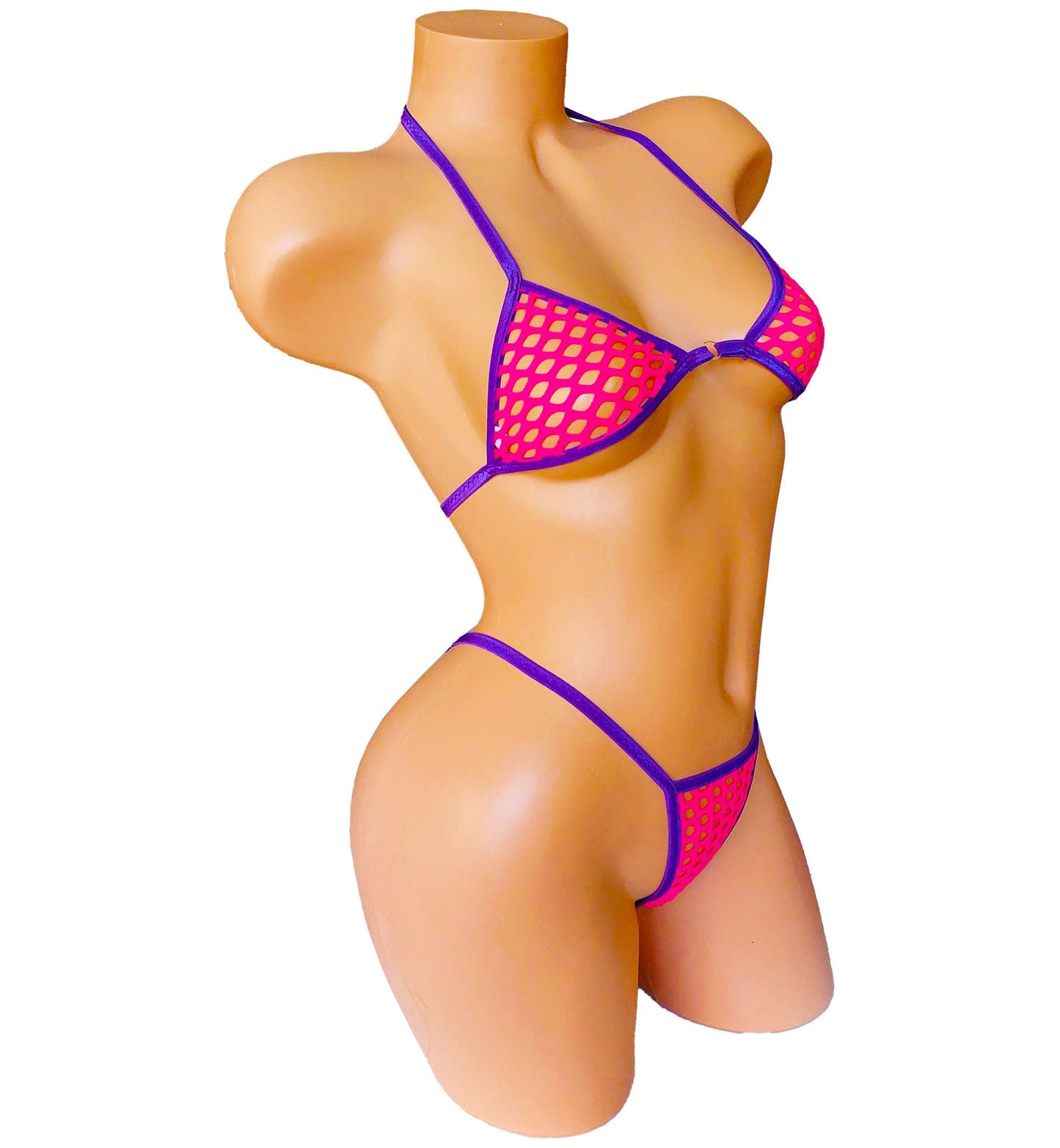 Hot Pink Fishnet Bikini – Adjustable Thong, Purple Trim, Rave Outfit