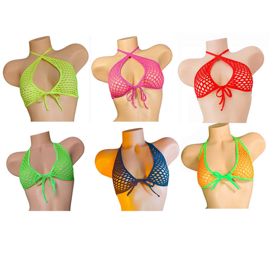 Fishnet Halter Top: Fully lined, Rave Festival Exotic Dancewear, Black Light Glow