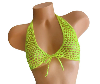 Fishnet Halter Top: Fully lined, Rave Festival Exotic Dancewear, Black Light Glow