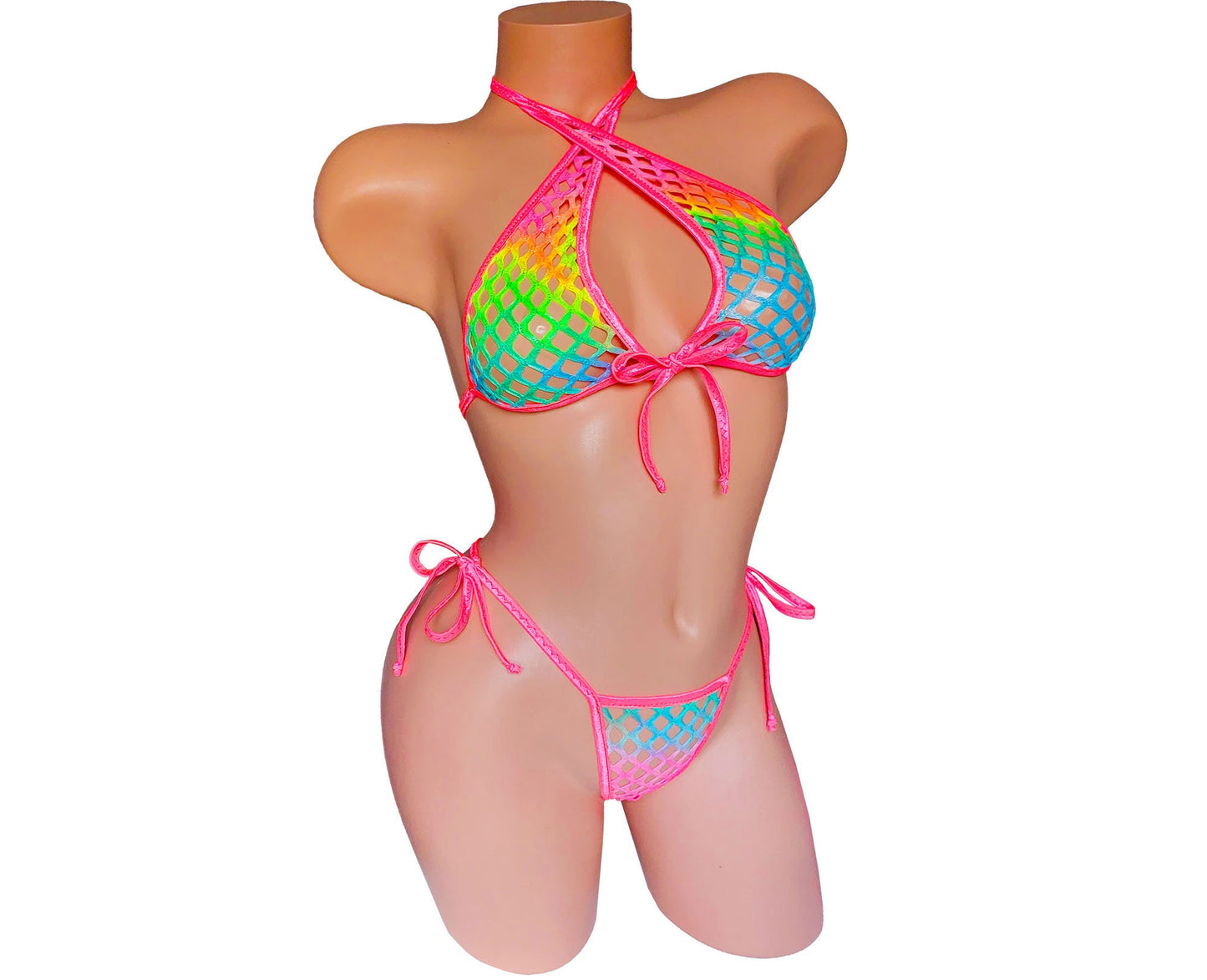 PRIDE Rainbow Fishnet Rave Outfit: Black Light Bikini, Exotic Dancewear