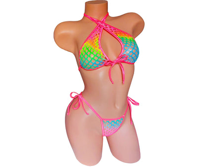 PRIDE Rainbow Fishnet Rave Outfit: Black Light Bikini, Exotic Dancewear