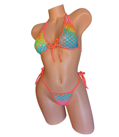 PRIDE Rainbow Fishnet Rave Outfit: Black Light Bikini, Exotic Dancewear