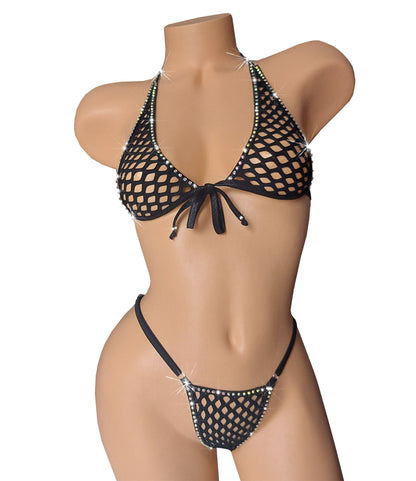 Rhinestone Fishnet Halter Set: Rave Stripper Exotic Dancewear - AA-DD Cups