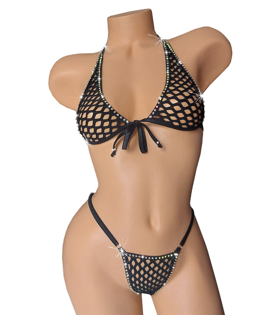 Rhinestone Fishnet Halter Set: Rave Stripper Exotic Dancewear - AA-DD Cups