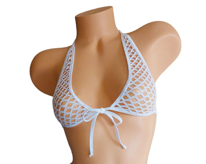 Fishnet Halter Top: Fully lined, Rave Festival Exotic Dancewear, Black Light Glow