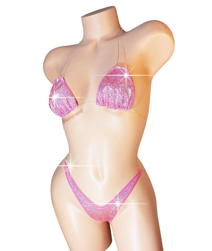 Pink Hologram G-string Bikini: Adjustable Clear Elastic