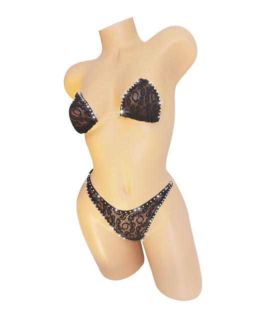 Black Lace Rhinestone Lingerie Set – Exotic Dancewear, Adjustable Straps