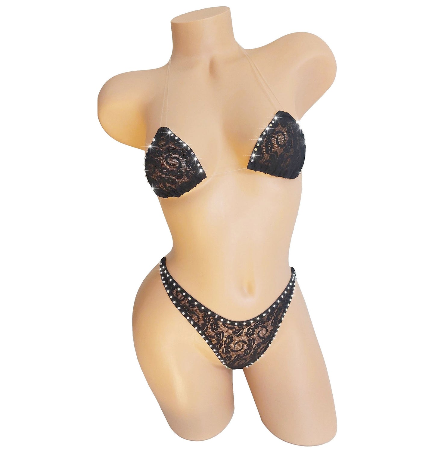 Black Lace Rhinestone Lingerie Set – Exotic Dancewear, Adjustable Straps