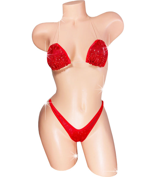 Red Hologram Bikini Set – Adjustable Clear Straps, Exotic Dancewear