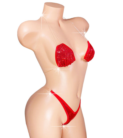 Red Hologram Bikini Set – Adjustable Clear Straps, Exotic Dancewear