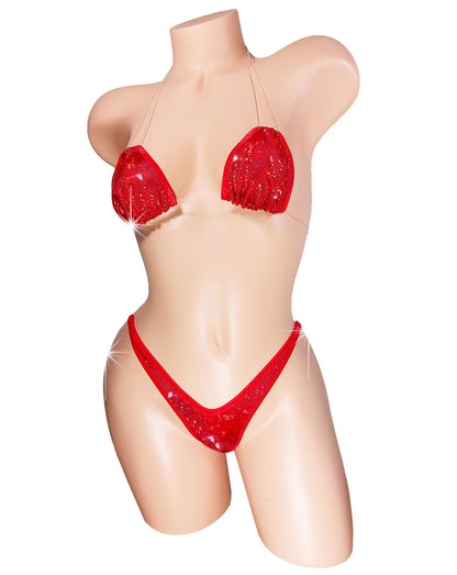 Red Hologram Bikini Set – Adjustable Clear Straps, Exotic Dancewear
