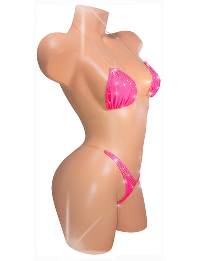 Hot Pink Coral Rhinestone Thong Bikini: Black Light GLOW - Clear Elastic