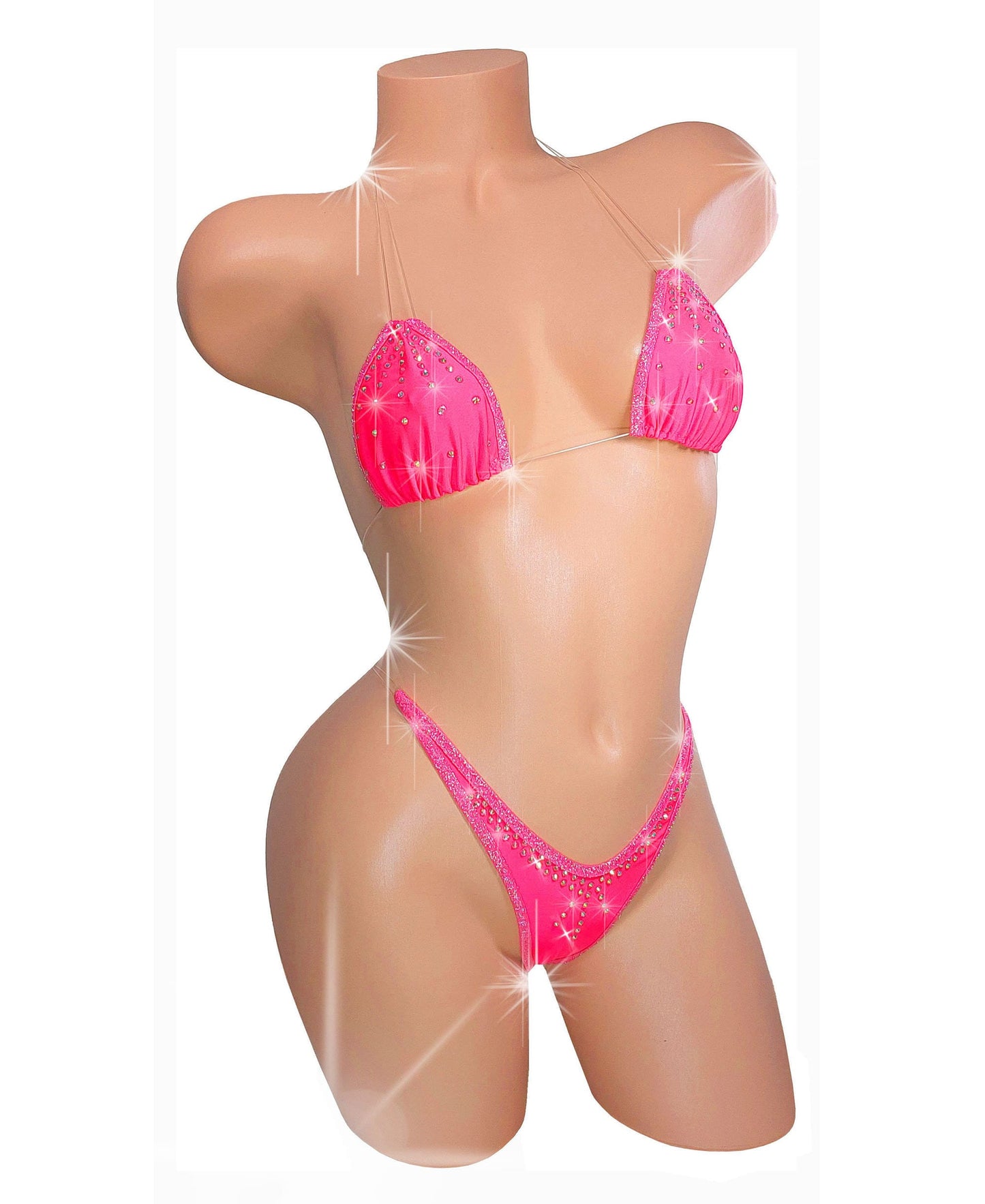 Hot Pink Coral Rhinestone Thong Bikini: Black Light GLOW - Clear Elastic
