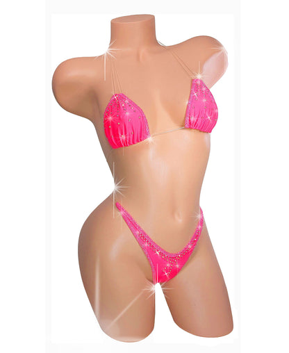Hot Pink Coral Rhinestone Thong Bikini: Black Light GLOW - Clear Elastic