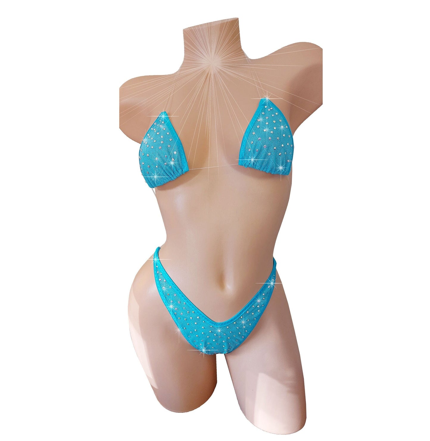Sky Blue Sparkle Rhinestone Bikini: Adjustable Stripper Pole Outfit