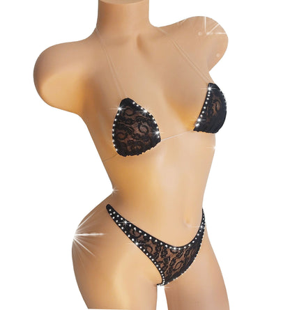 Black Lace Rhinestone Lingerie Set – Exotic Dancewear, Adjustable Straps