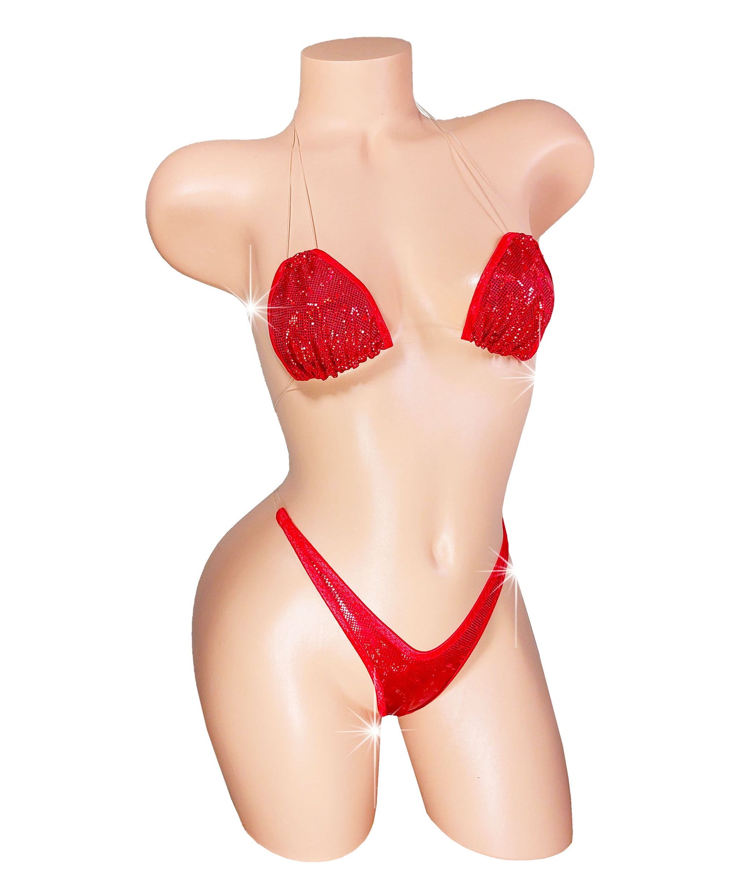 Red Hologram Bikini Set – Adjustable Clear Straps, Exotic Dancewear