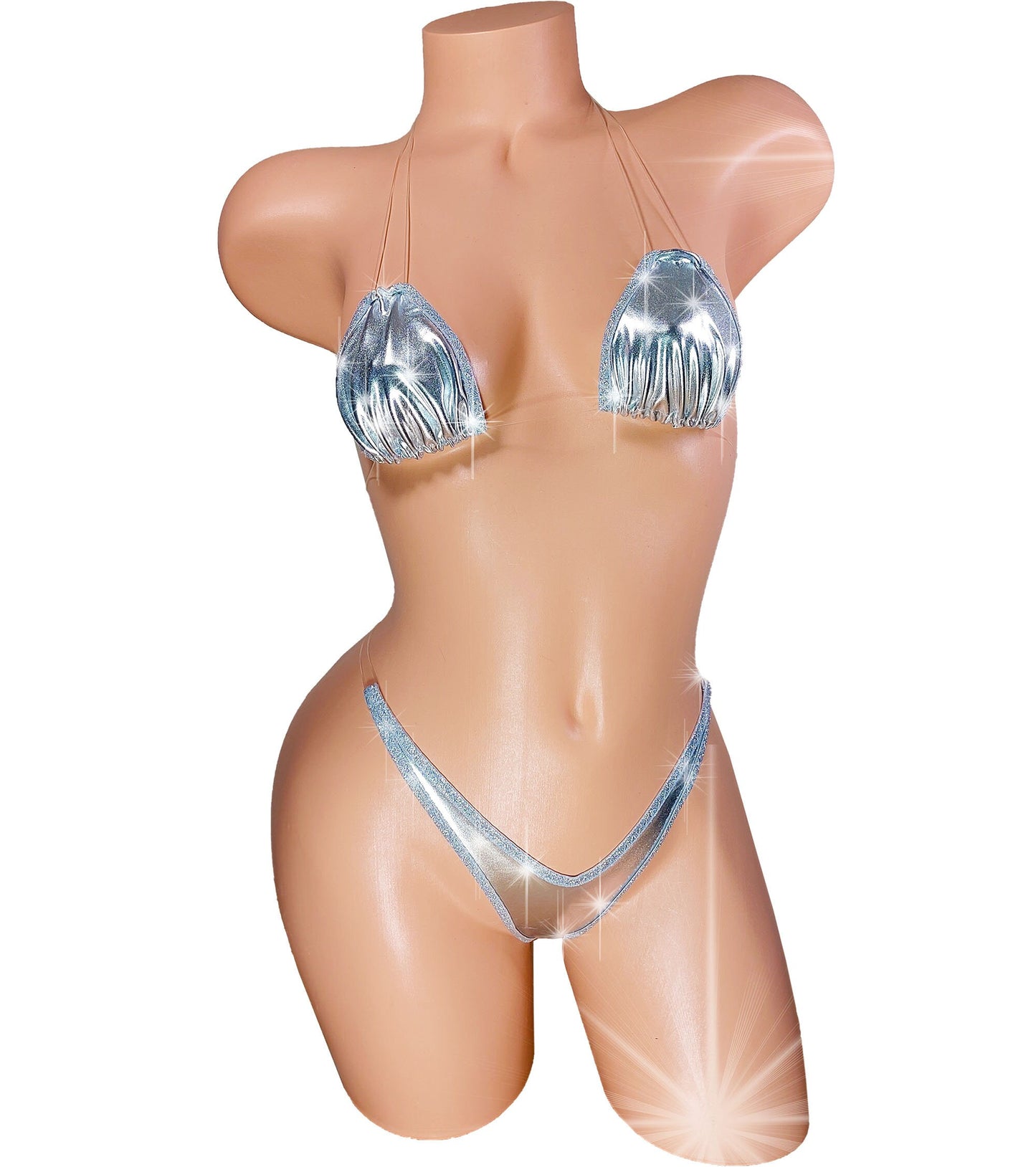 Silver Metallic Thong Bikini – Adjustable Clear Straps
