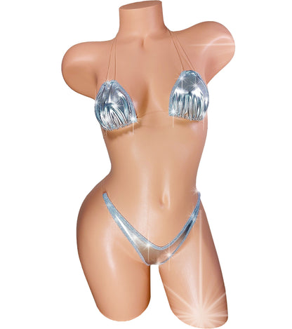 Silver Metallic Thong Bikini – Adjustable Clear Straps