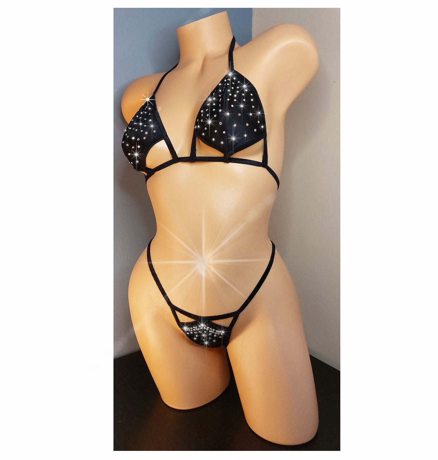 Rhinestone Thong Bikini: Adjustable Exotic Rave Dancewear