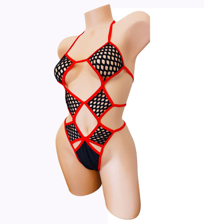 Lined Fishnet One-Piece: Adjustable Rave Dancewear (AA-DD Cup Size, 22-42" Waistline)