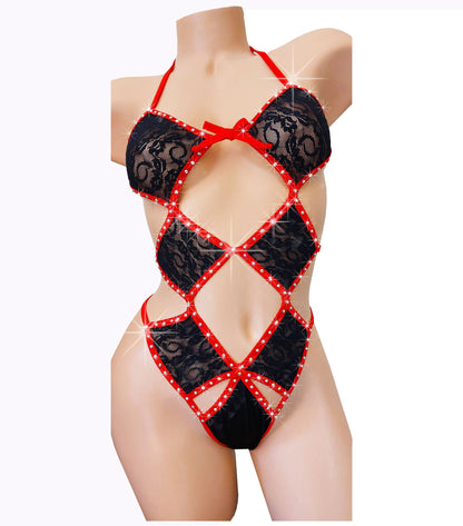 Black Lace Rhinestone One Piece: , Fully lined Adjustable Fishnet Rave Outfit