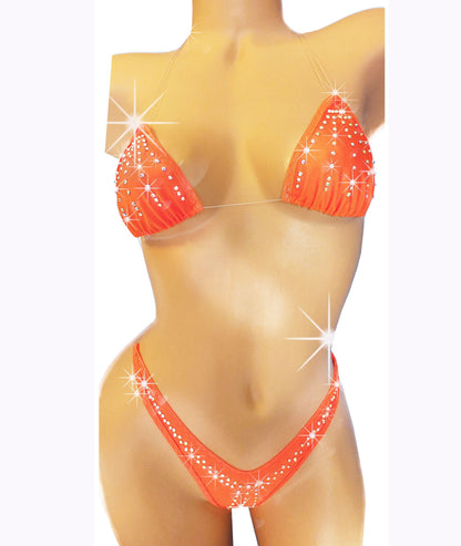Neon Orange Rhinestone Bikini: Glows in Black Light, Exotic Dancewear, Clear elastic